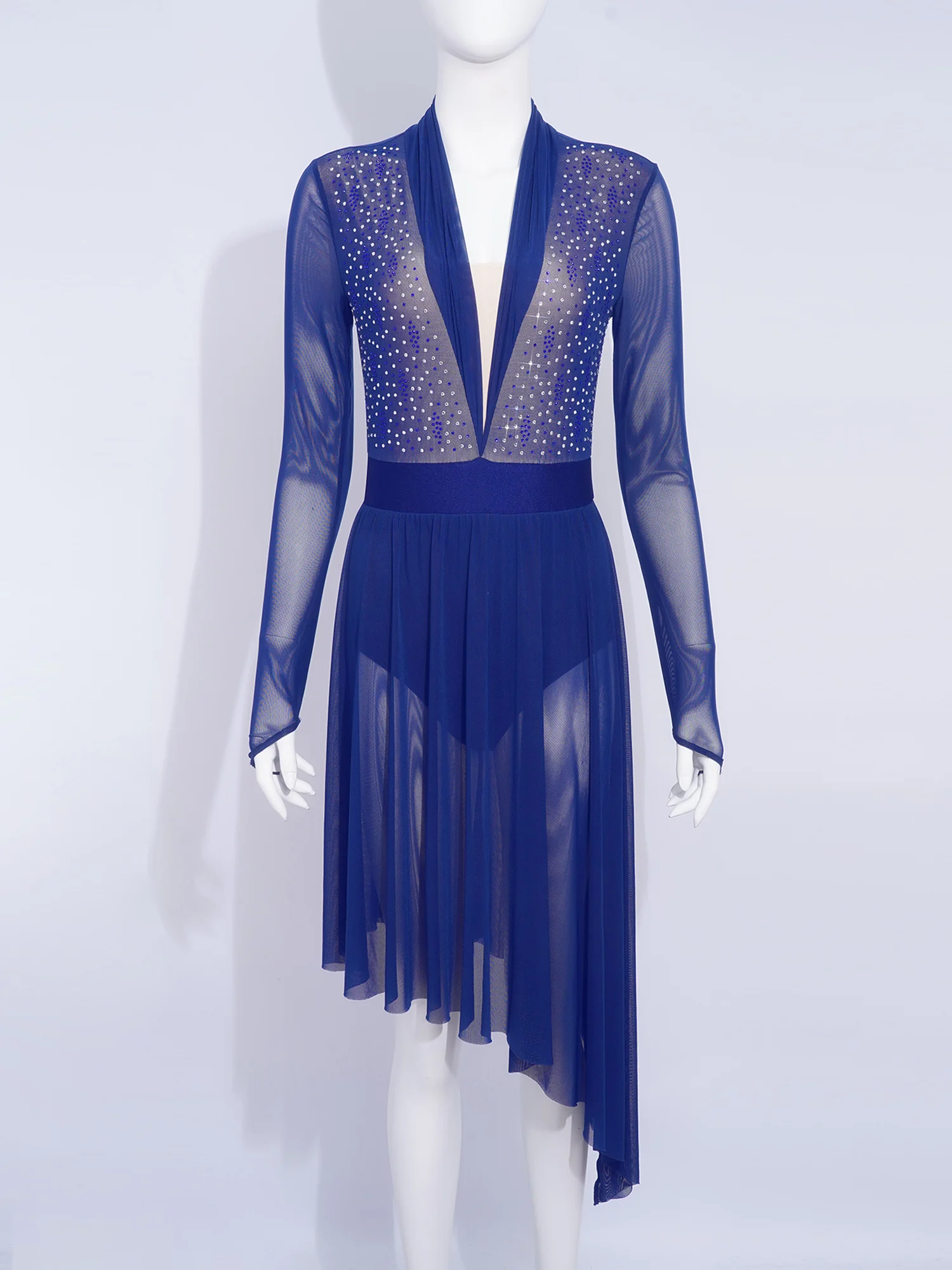 Vestido de baile lírico de malla transparente para mujer, traje de patinaje artístico, manga larga, diamantes de imitación, botones en la entrepierna incorporados, bragas, vestido con volantes