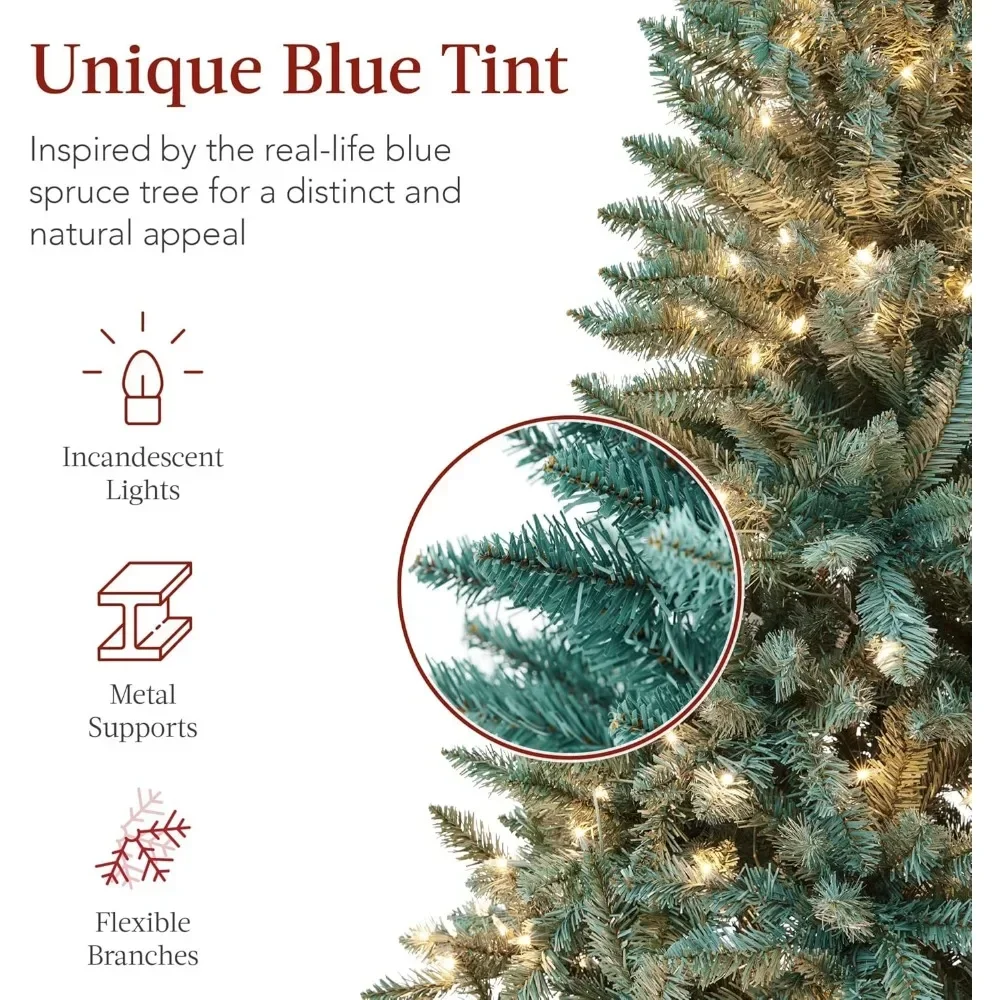 7.5ft Pre-Lit Blue Spruce Christmas Tree w/ 420 Warm White Incandescent Lights, 1384 Tips, Foldable Metal Base