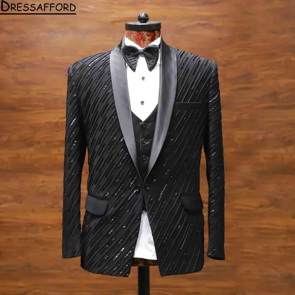 Black Sequined Groom Wedding Tuxedos Formal Suits Men Custom Made Black Prom Blazer Sets Male Fashion