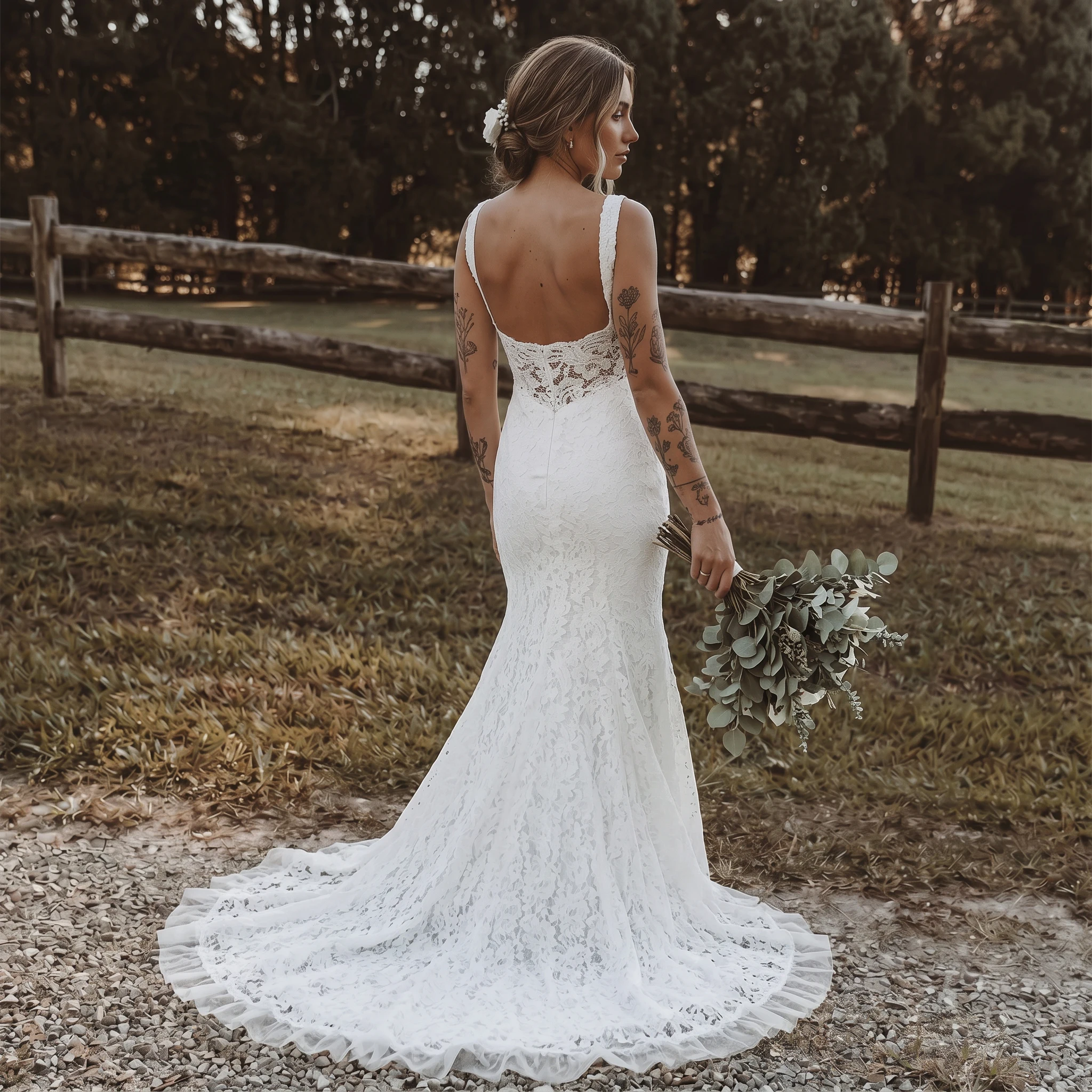 Wide Strap Sweetheart Lace Mermaid Wedding Dress Sheer Low Back Ruffle Hem Chapel Train Rustic Bridal Gown