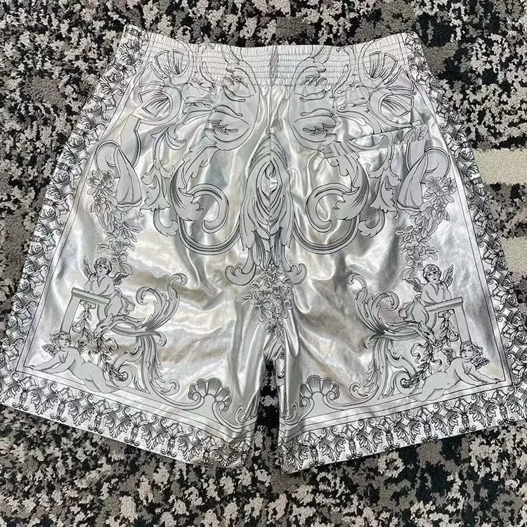 Calça de praia reta seca rápida masculina, short casual elástico, estampado com padrões na moda metal prata, novo estilo, verão