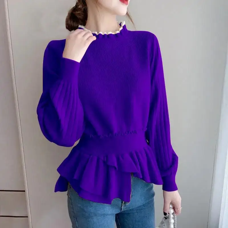 Spring and Autumn Women\'s Solid Long Sleeve Knitted Bottom Waist Hemiline Ruffles Screw Thread Fashion Casual Office Lady Tops