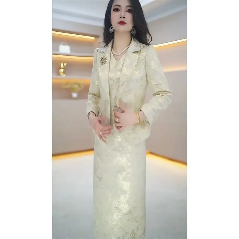 Feminino 2025 início do outono novo temperamento fino ajuste terno + colete elegante vestido impresso design sentido high-end conjunto de duas peças