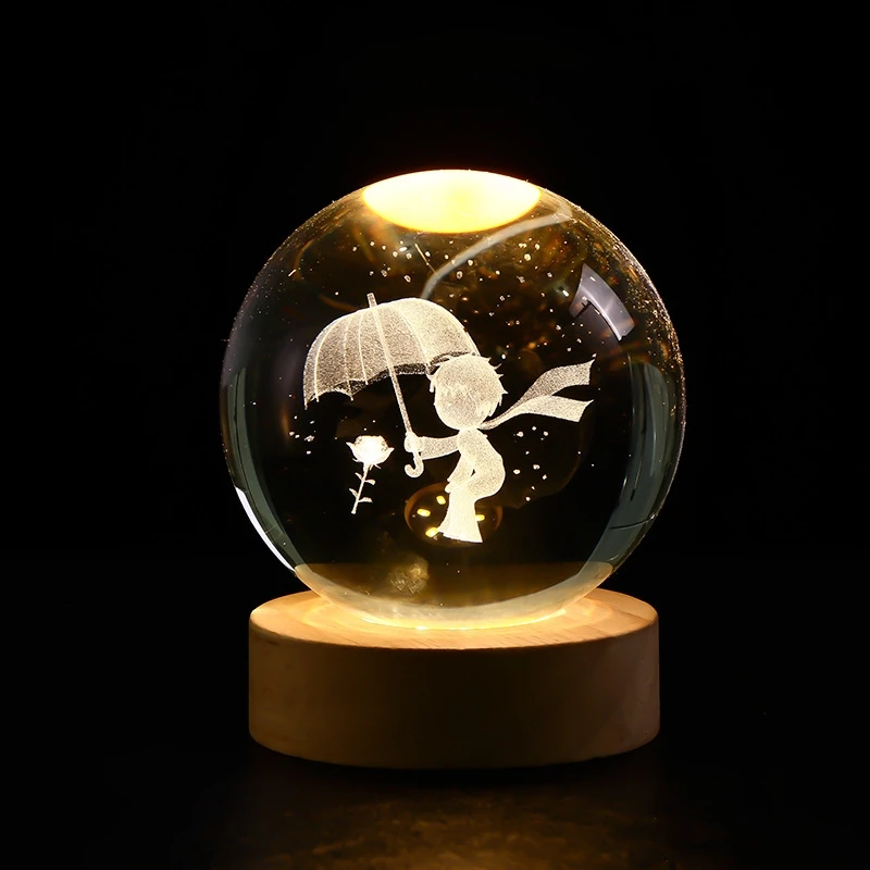 Hot 6cm 3D Crystal Ball Stitch Pikachu Wooden base with 6cm crystal ball Planet Night Light Laser Carving Children's Gifts