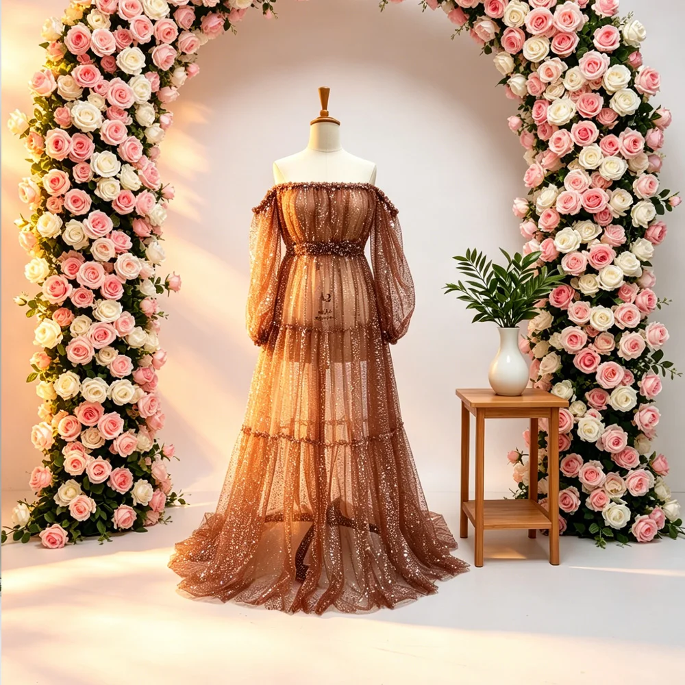 

Pregnancy Photography Dress Women Artistic Gown Elegant Pearl Sequin Mesh A Line Skirt with Lining Transparent Maternity Dress
