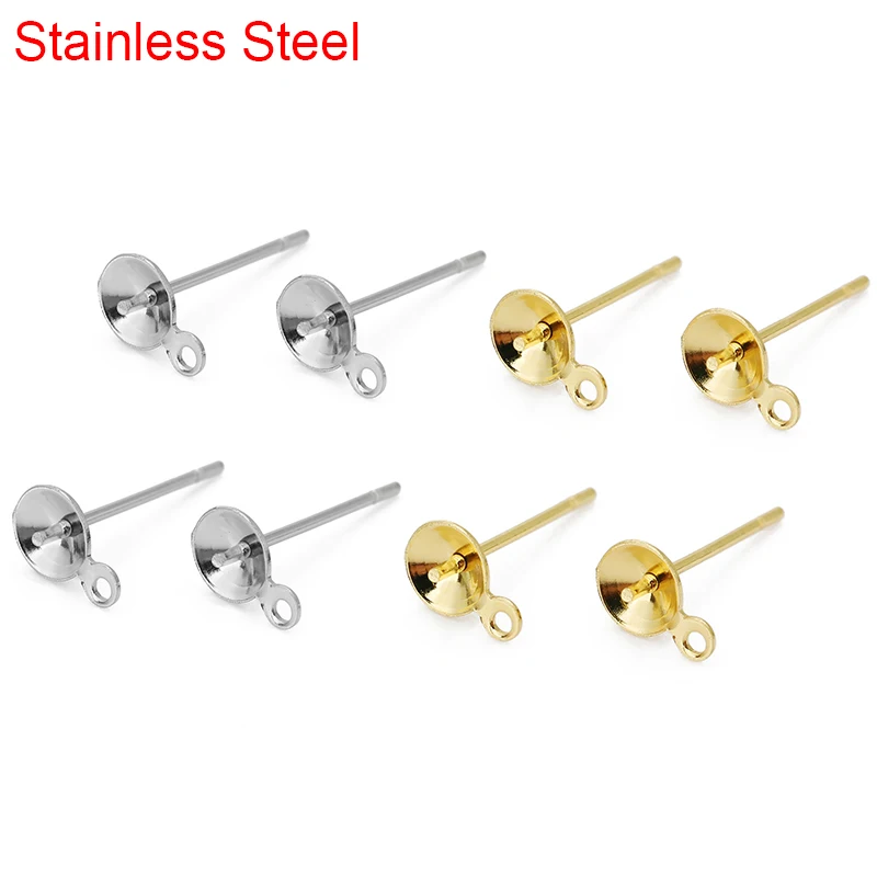 

50pcs Stainless Steel Stud Earring Base Hooks Hypoallergenic 4mm 5mm 6mm Cabochon Cameo Settings For Diy Jewelry Making Supplies