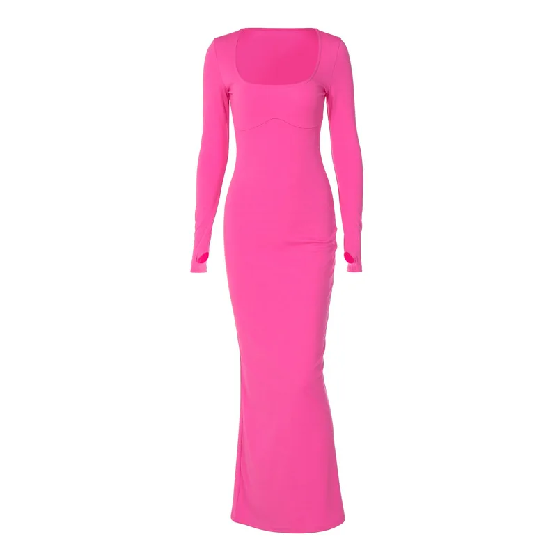 Vierkante Kraag Effen Lange Mouw Sexy Bodycon Maxi Prm Jurk 2023 Herfst Elegante Vrouwen Avondfeest Verjaardag Outfit Y 2K