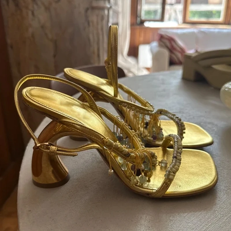 Bohemian Gold Beaded Pendant Curved Heel Sandals Woman Summer 2026 Square Open Toe Buckle Shape Heel High Heels Shoes