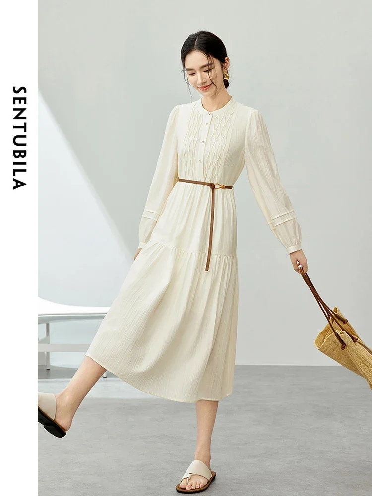 

SENTUBILA Elegant Belt Dress for Women 2025 Spring Fall Long Sleeve Round Neck Argyle Apricot Dresses Woman Clothing 141L53531