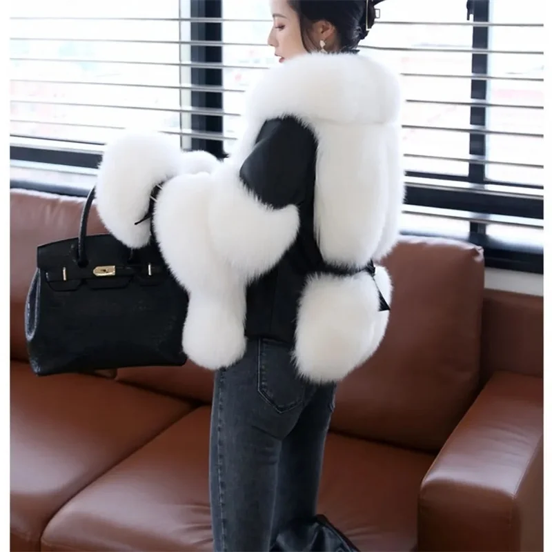 2025 mulheres jaqueta de inverno quente imitação de pele de raposa casaco de imitação de couro cheio de pele de raposa jaqueta de motocicleta de luxo outerwear
