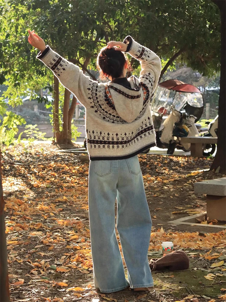 

Retro Fair Isle Hooded Cardigan Sweater Women's Soft Cozy Lazy Sle Design Autumn Winter High End Feeling Long Sve Top