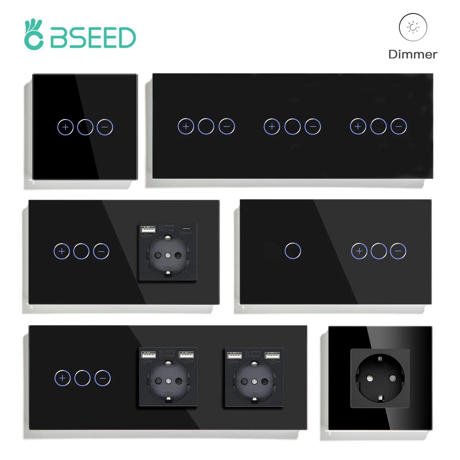 Bseed Dimmer Series EU Standard Dimmable Touch Switches Glass Panel 5V 2.1A USB Phone Charge EU Sockets LED Dimmer Wall Switches