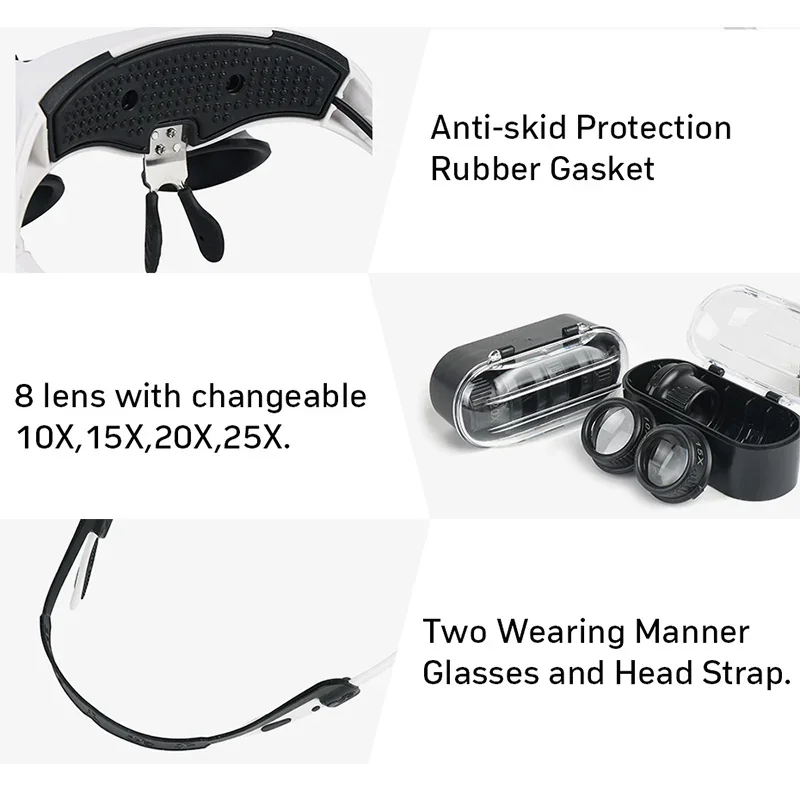 10X 15X 20X 25X Magnifying Glasses 2LED Light Double Eye Loupe Head Wearing Head-Mounted Repair Jeweler Watch Clock Magnifier