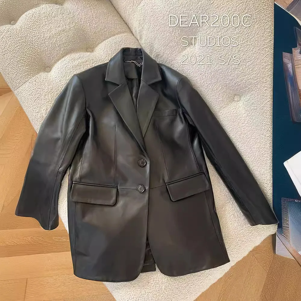 

Женское кожаное пальто большого размера средней длины из овчины, модная верхняя одежда в стиле OL для весны и осени