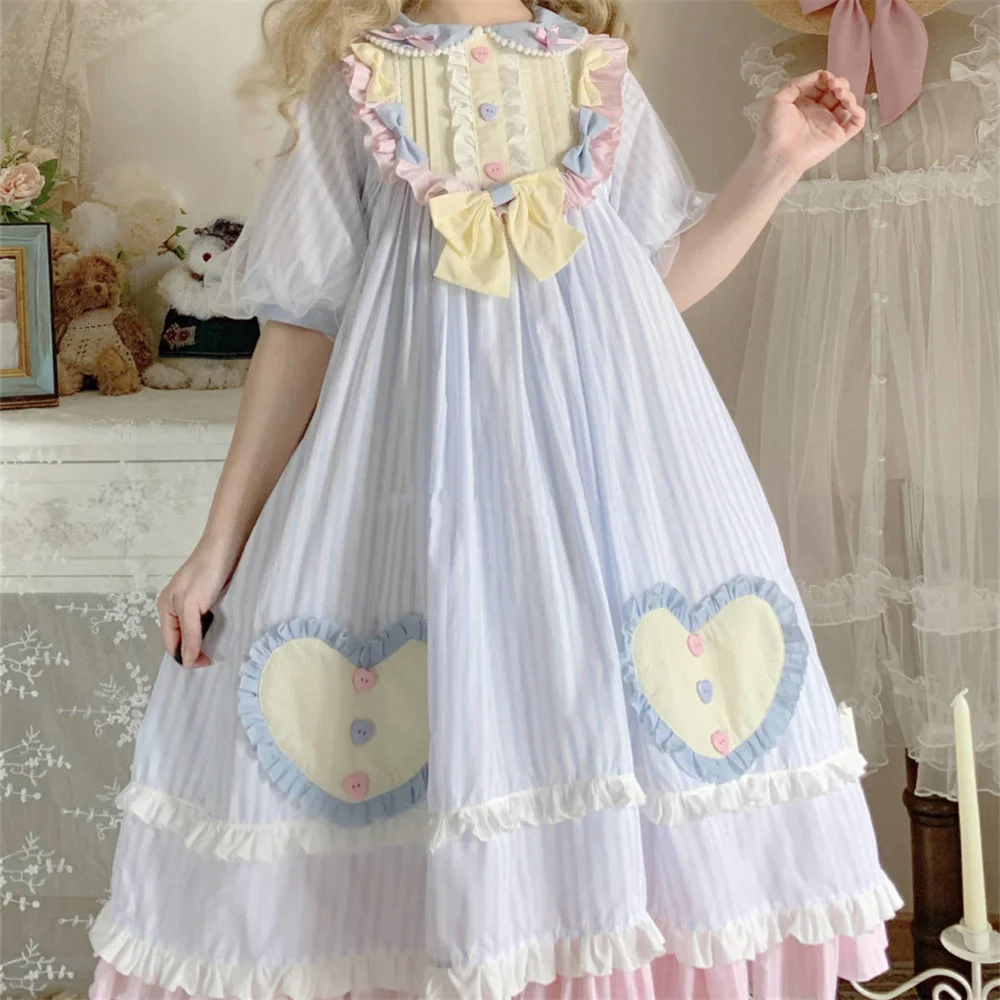 

Cute Girls Sweet Princess Button Bowknot Cosplay Lolita Dress Puff Sleeve Pearl Peter Pan Collar Kawaii Woman Ruffle Lolita Op