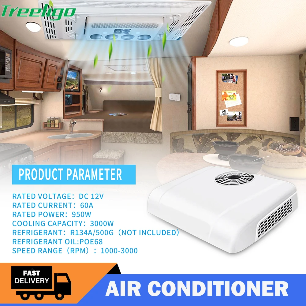 Treeligo 12V/24V 13500BTU Cooling Car Electric Air Conditioner Universal Rooftop RV Air AC Unit for Truck Bus RV Camping Van