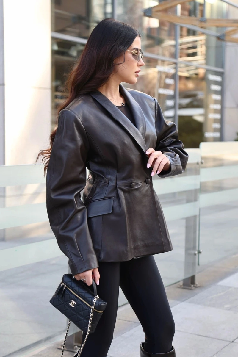 Women Faux Leather Stand Collar Jacket, Slim Waist Blazer Coat,Vintage Solid Long Sleeve Outerwear With Pockets for Autumn Daily