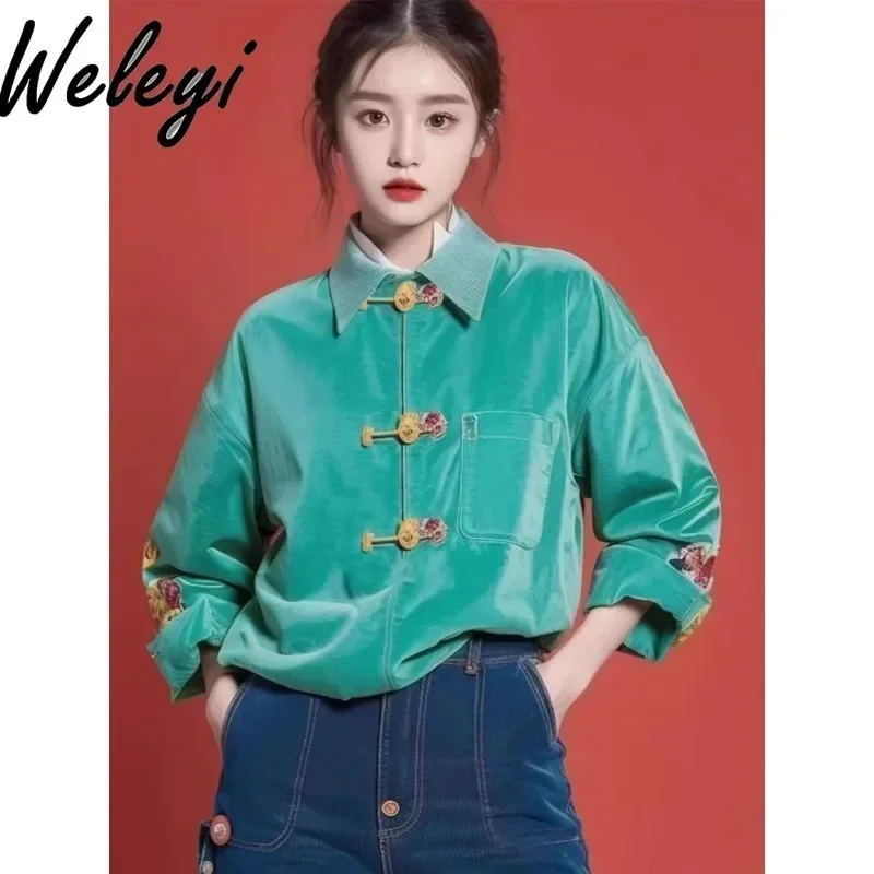 

2024 Spring New Cutecore Camisas E Blusas Top New Chinese Style Improve Tang Suit Top Mint Mambo Style Chinese Knot Button Shirt