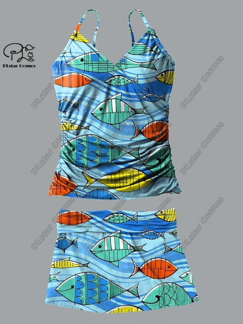 Frauen V-Ausschnitt Sommer kleine frische Blumen fisch Print Hosenträger Rock Stil zweiteiligen Badeanzug Anzug Urlaub neue Badeanzug Y-5