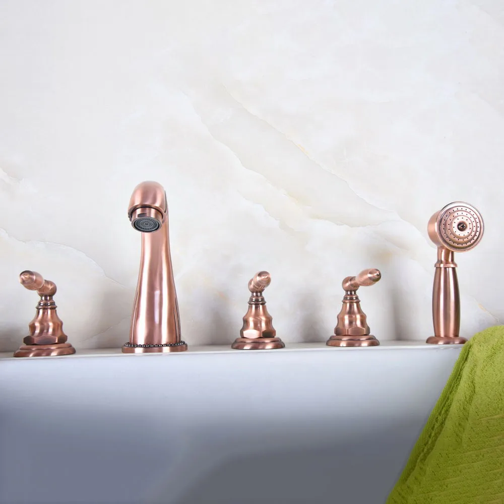 Antique Red Copper Bathroom Roman Tub Faucet Widespread 5pcs Tub Mixer Tap Deck Mounted with Hand Shower Ntf185