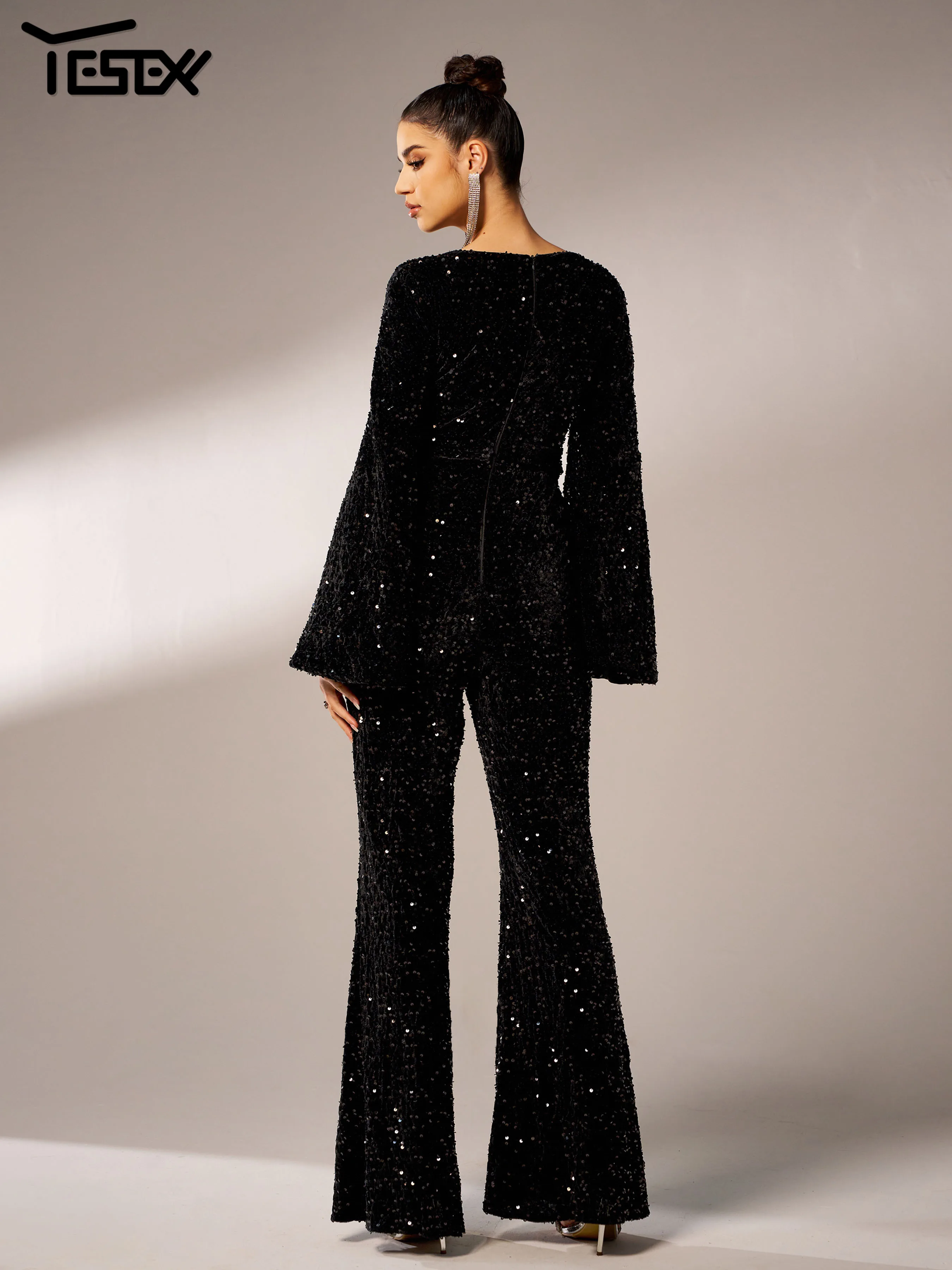 Yesexy New Black Elegant Sequin Wedding Birthday Party Cocktail Prom Elegant Beautiful Women Slim Jumpsuit