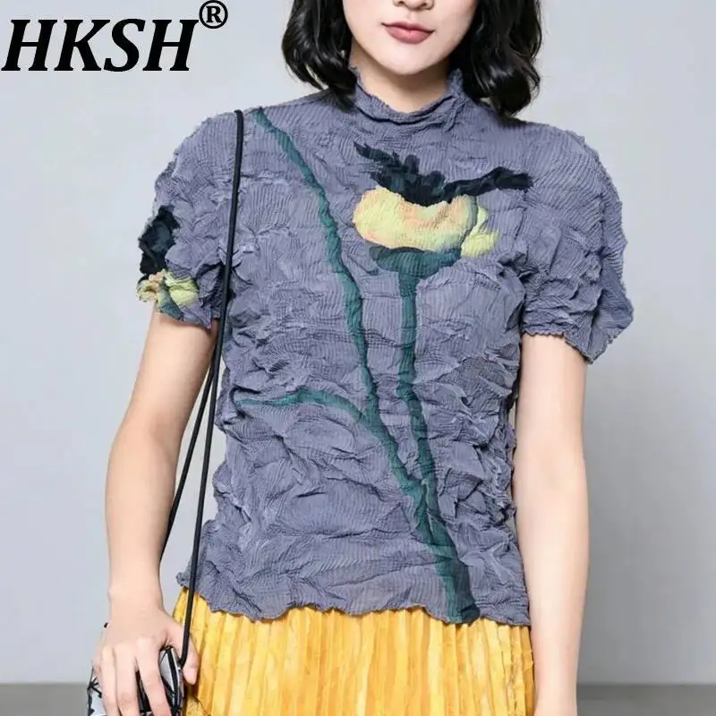 HKSH Women T-shirt Short Sleeves Printed Contrast Color Pleated Slim Fit Versatile Elegant High Street Casual Top Summer HK23124