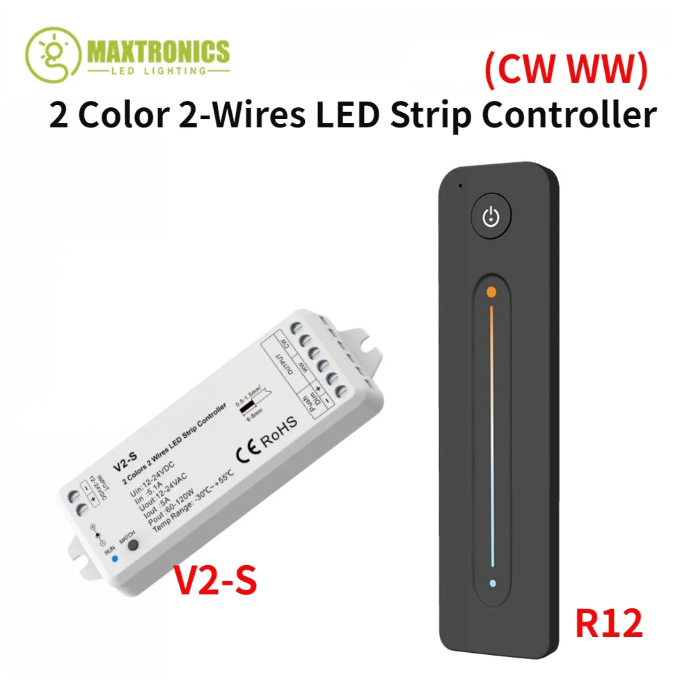 

12-24VDC 2-Wires 2 Color LED Controller 2.4G RF Wireless Receiver R12 Remote Control 0-100% Dimming For 2-Wires WW+CW LED Strip