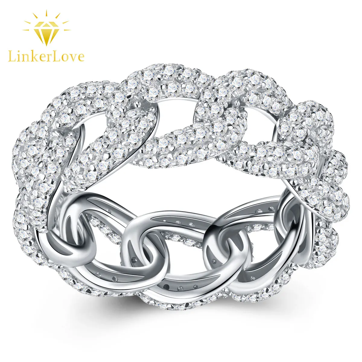 

Кольцо LinkerLove из стерлингового серебра 925 пробы с кубинским плетением для женщин, покрытое белым золотом, 1,2 мм, полностью инкрустированное муассанитом, обручальное/помолвочное кольцо