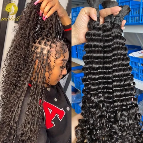 Imagen 1 del producto Cabello trenzado humano Natural, cabello humano a granel con ondas de agua profunda de 26 y 28 pulgadas para trenzas bohemias, extensiones de cabello rizado virgen sin trama 16A