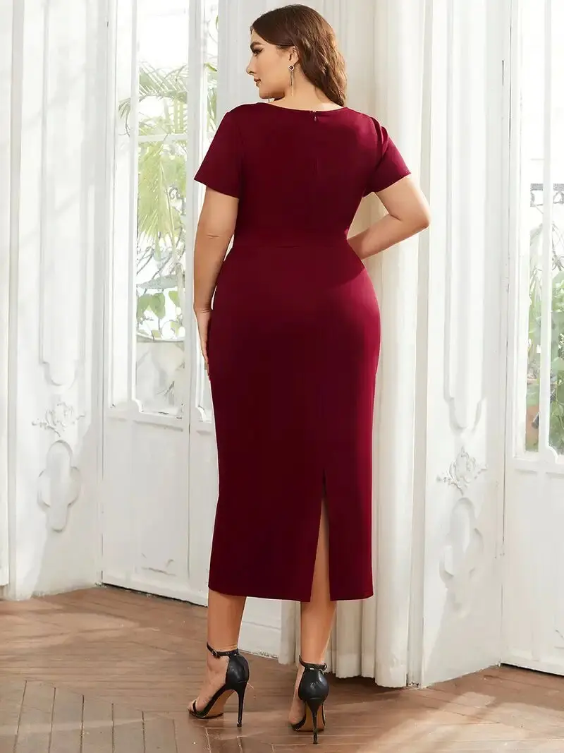 Plus Size Abendkleider tiefen V-Ausschnitt Kurzarm leicht bequem mit Gürtel immer hübsch von Burgunder Cocktail kleider