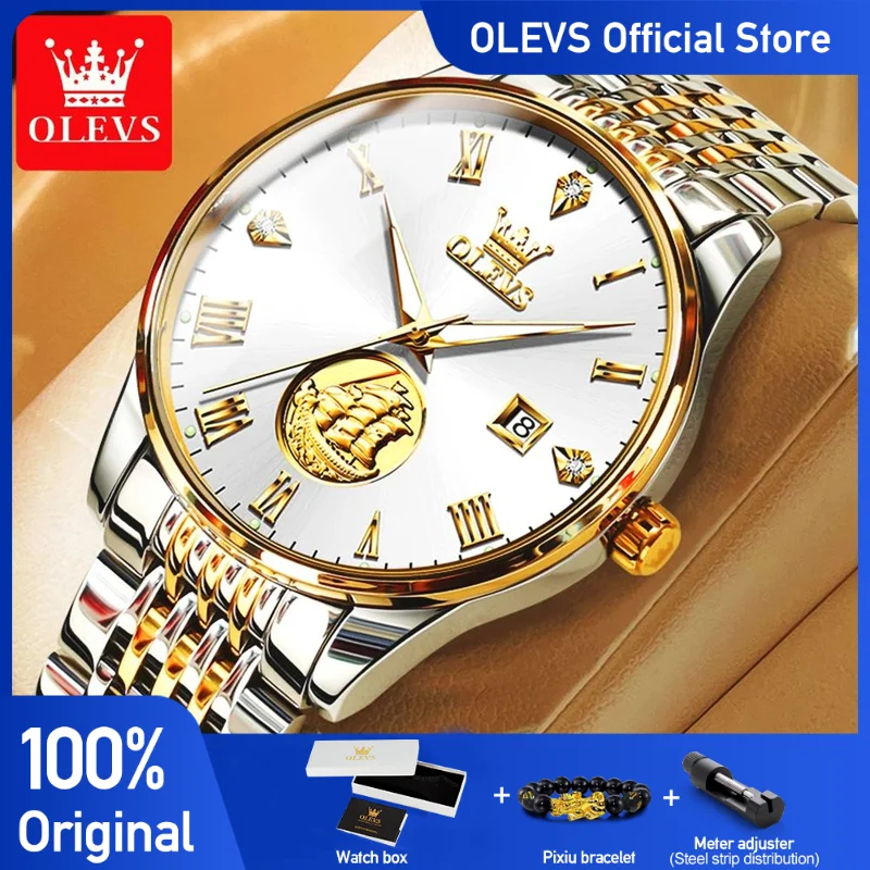 

Мужские часы OLEVS с парусной лодкой, деловые автоматические механические оригинальные часы для мужчин, водонепроницаемые светящиеся из нержавеющей стали с датой