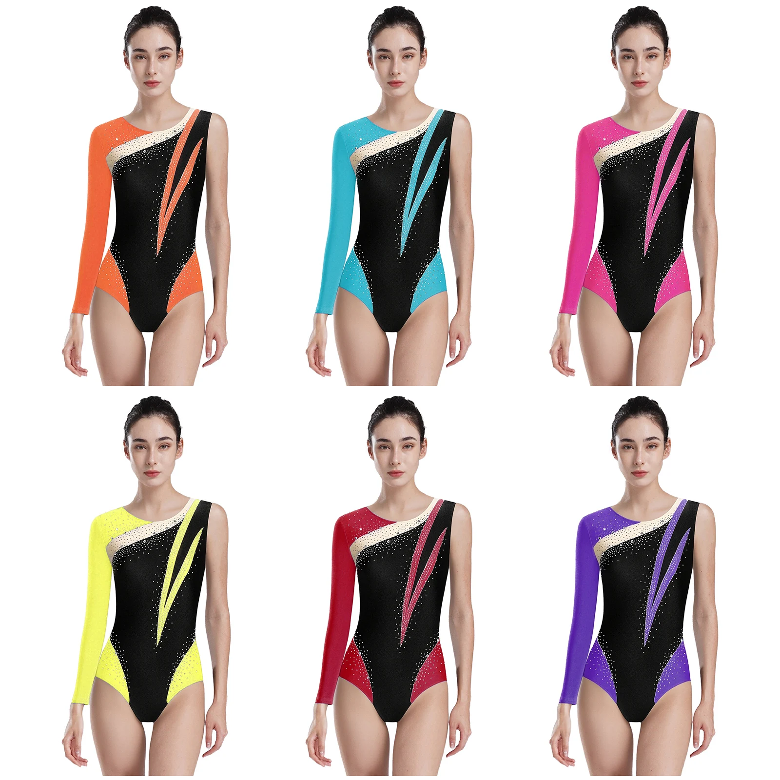 Womens Athletic Figure Skating Gymnastics Dance Leotard Asymmetrical Color Block Bodysuit Ballet Jersey Performance Costume