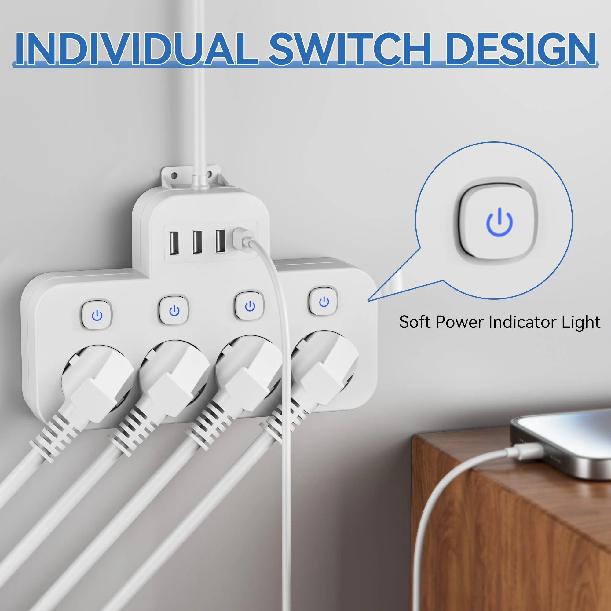 

8-in-1 Multi-functional EU Power Strip with USB Ports: - 4 EU AC outlets - 3 USB ports & 1 Type-C port - Individual switch