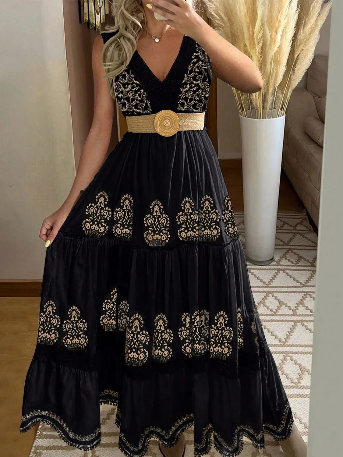 Vestido bohemio de playa de verano sin mangas con estampado Floral y cuello en V vestido largo fluido para mujer resort vacaciones fiesta traje Casual moda