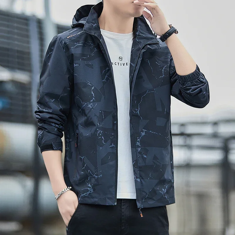 BROWON Brand Hooded Mens Jacket Spring and Autumn Fashion Outdoor Sports Clothes Men New American Retro Print Coats Men Clothing