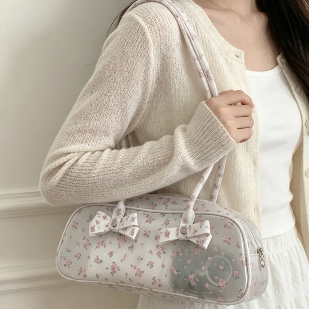 Romantic Girl Floral PVC Shoulder Storage Bag Bow Decoration Mini Boston Handbag Y2K Coquette Aesthetic Purse For Shopping Party