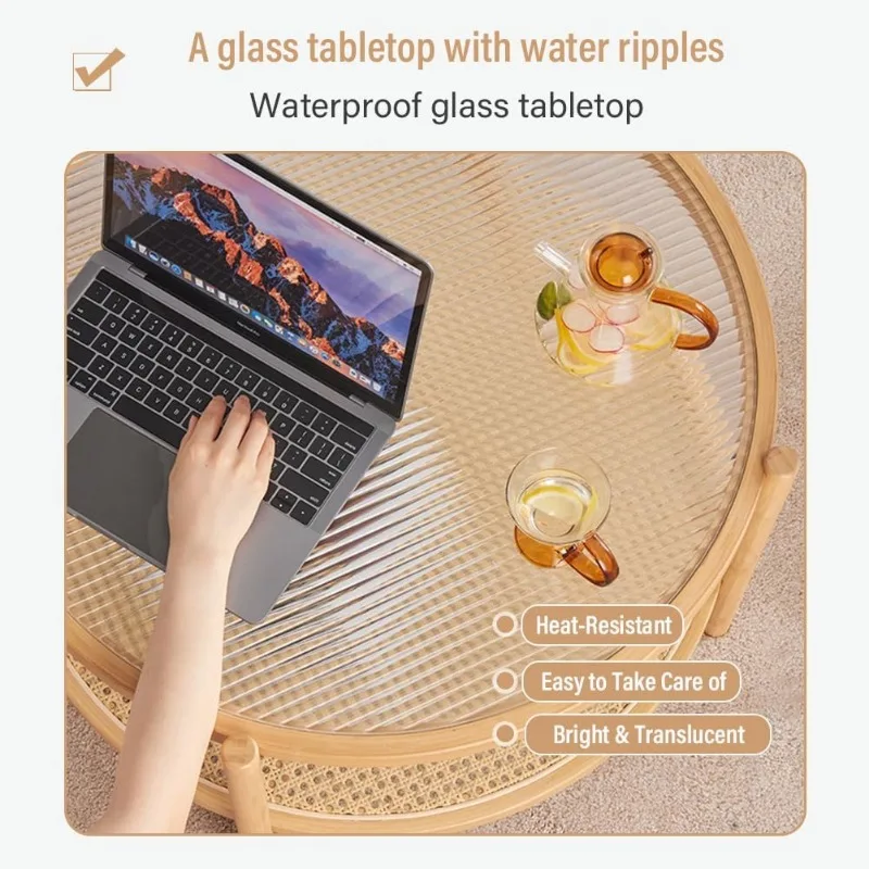 Rattan Coffee Table, Large Round End Table,  Modern Side Table, Living Room Side Table, Glass Sofa End Table