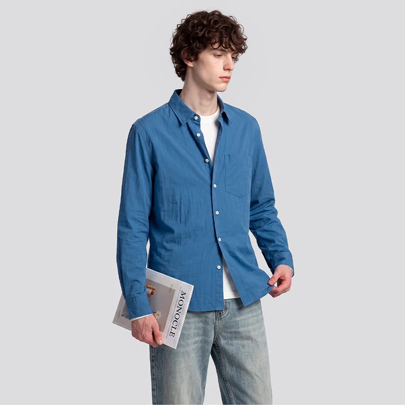 Men's Long Sleeve Shirt Solid Color Turn-Down Collar Single-Breasted Shirts with Chest Pocket, Blue/White/Black/Coffee Color