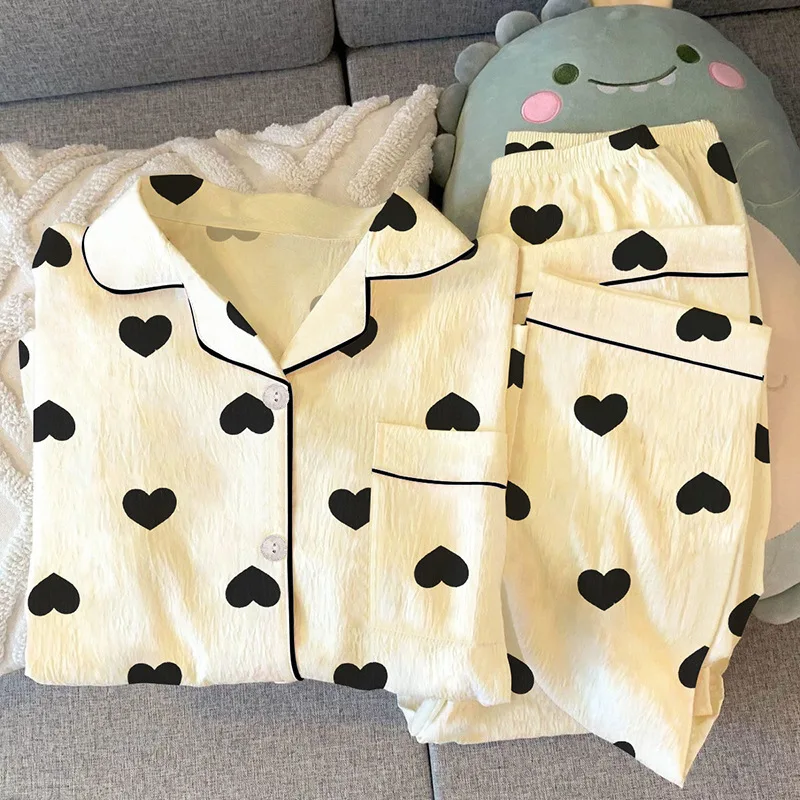 New Style Women's Comfortable Pajamas, Cardigan, All-season Pajamas, Wrinkled Fabric Home Wear, Long-sleeved Set