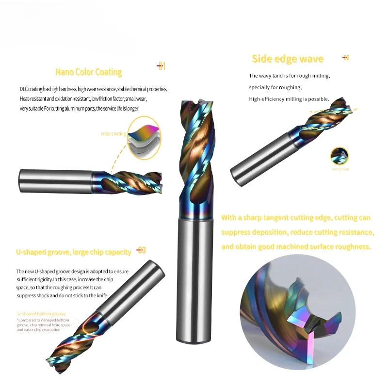 1PC Wave-Edge Efficiency Milling Carbide End Mill 3 Flute DLC Nano Coating Efficient Milling Cutter For Aluminum Cutting Tool