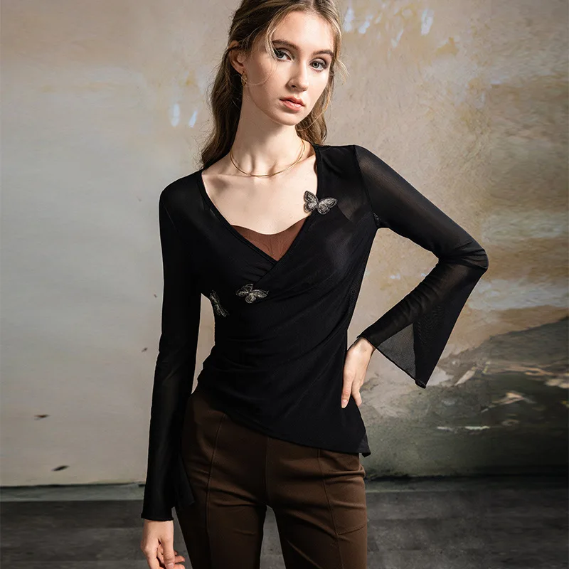 

New 2025 Women's Black Mesh Top T-Shirt Women's Sexy Crop Top Casual Shirt