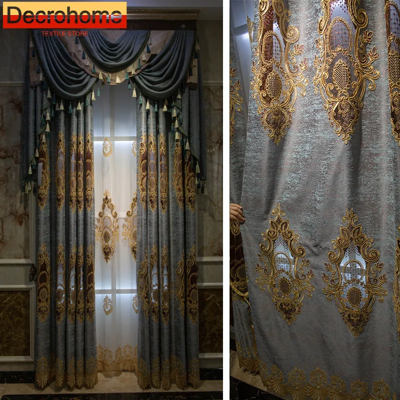 Customized Royal Blue Gray Embroidered Window Screen Jacquard Chenille Curtains for Living Room Bedroom French Window Villa