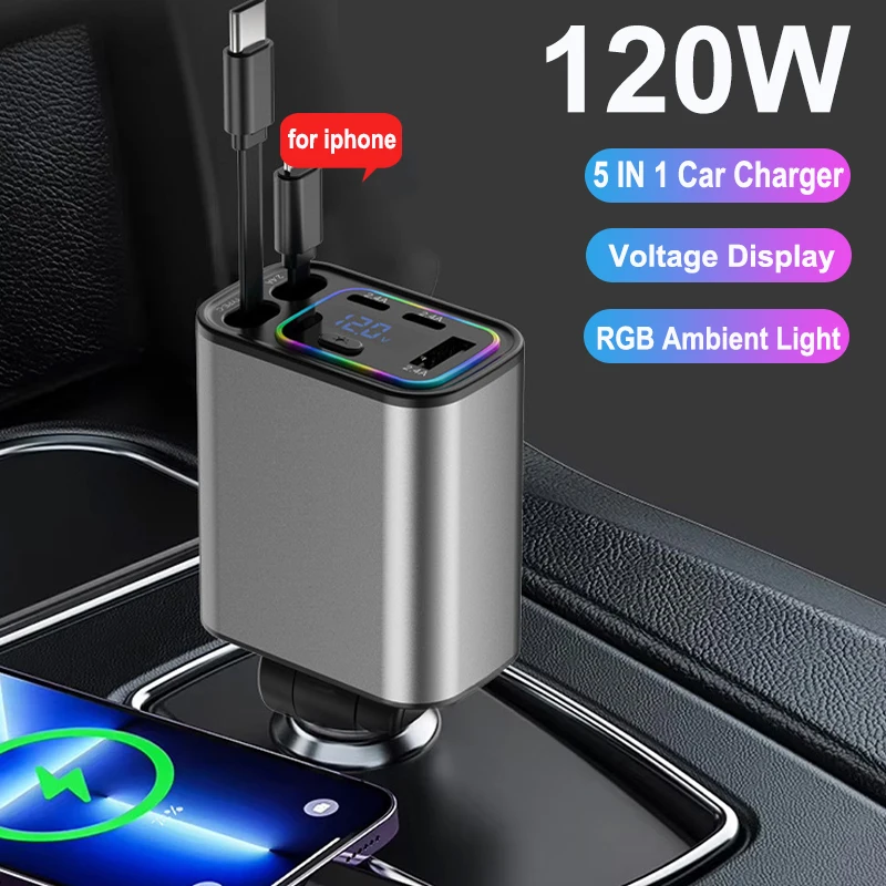 Retractable Car Charger USB Type C Power Adapter Fast Charging Cord Cigarette Lighter Adapter with Voltage Display RGB Light