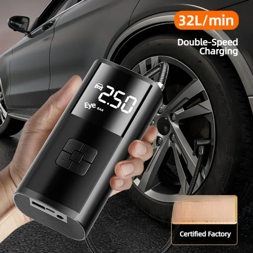 Compresor  aire inalámbrico para coche, inflador  neumáticos  alto flujo  150PSI y 32L/min con luz LED multiusos para co