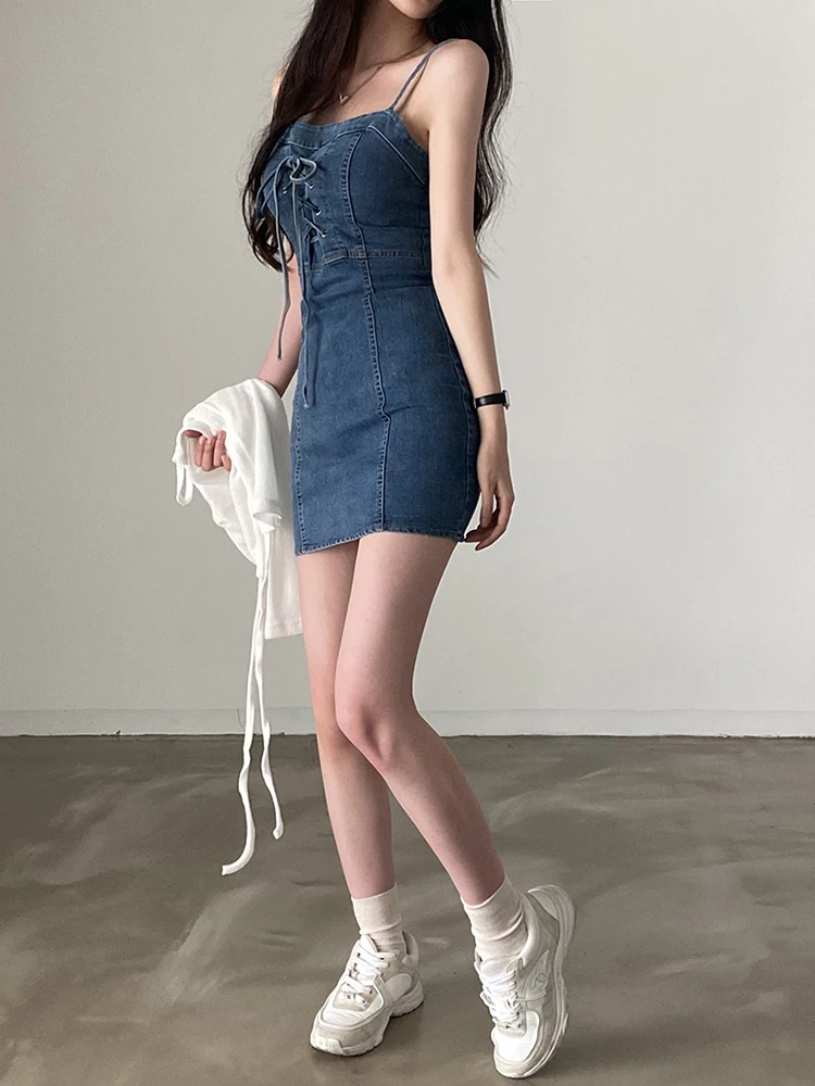 Sexy Black Vestidos De Mujer Summer Dress Y2k Vintage Lace Up Suspender Denim Dresses for Women 2024 Robe Femme Korean Mini