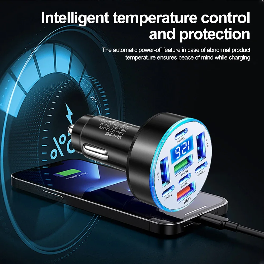 Car Charger 66W 8 Ports Fast Charging PD QC3.0 4 USB 4 C Car Phone Charger Adapter With Voltage For iPhone Samsung Huawei Xiaomi