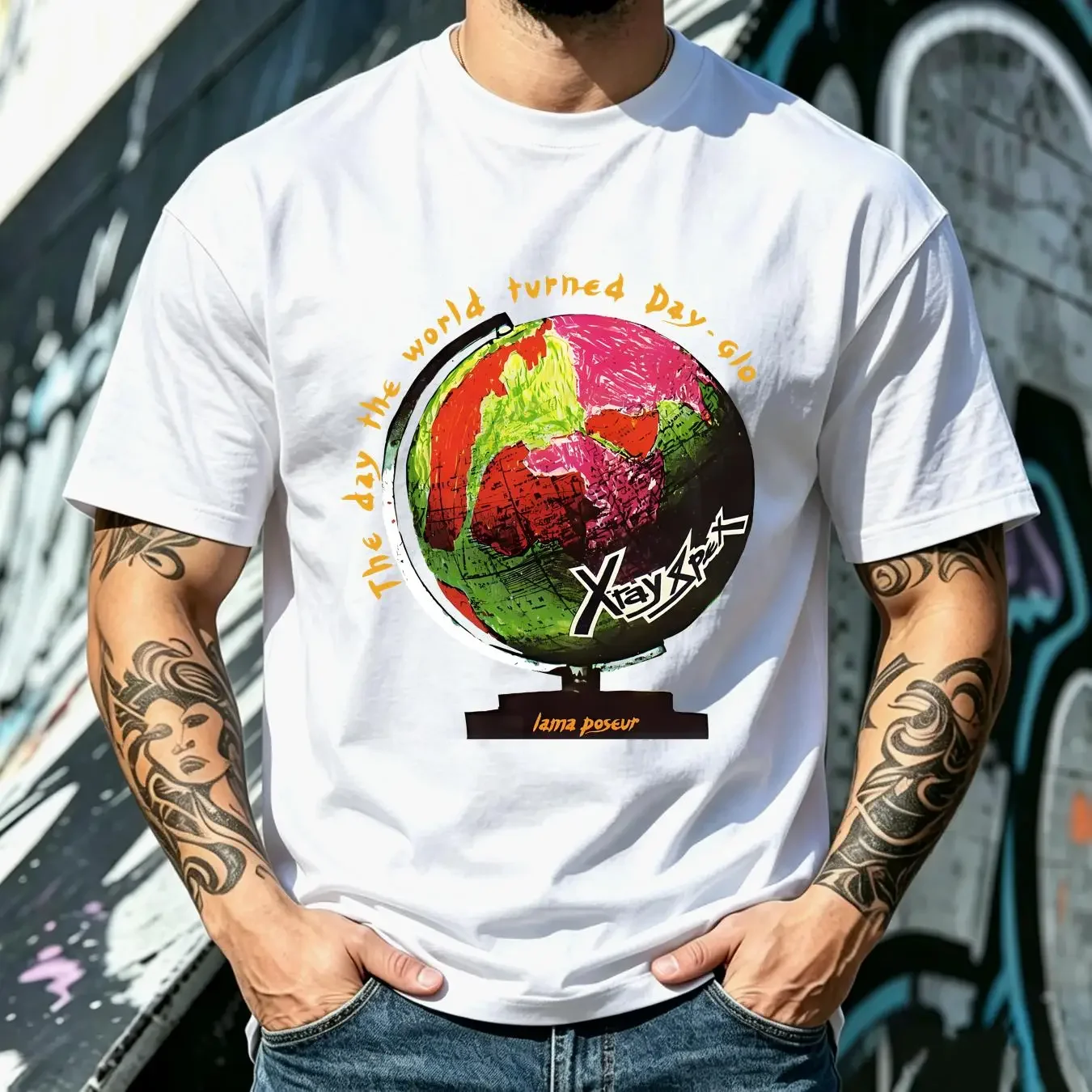 washed T Shirt MENS POLY STYRENE XRAY SPEX FULL COLOUR WORLD TURNED DAY GLO PUNK S 5XL long or short sleeves vintage Washed