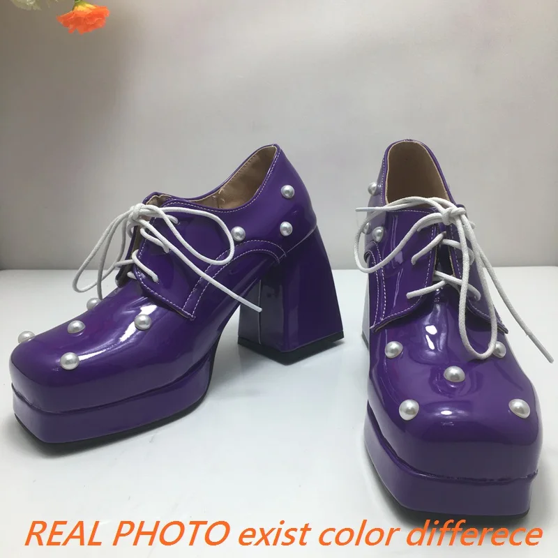 REAVE CAT Female Pumps Toe Chunky High Heels 9.5cm Platform 2cm Lace Up Beads Size 47 48 Fashion Daily Women Shoes