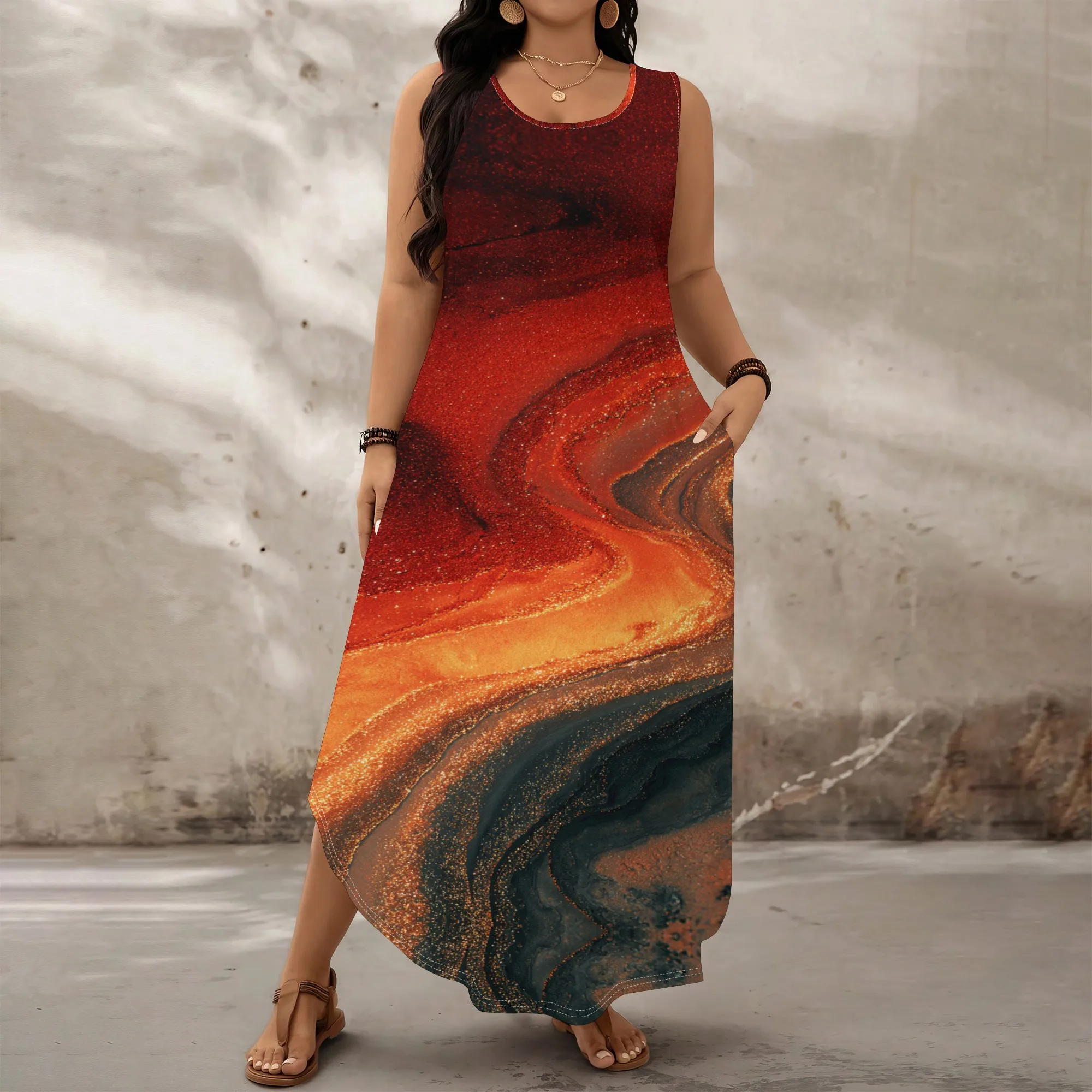 

Women Plus Size Sleeveless Maxi Dress Red Orange Fluid Art Print Casual Summer XL-6XL