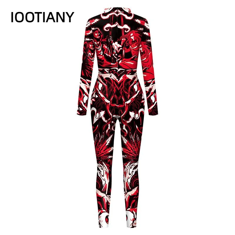 Iootiany ชุดจั๊มสูทเซ็กซี่พิมพ์ลายกะโหลก3D 2สีน่ากลัวบอดี้สูทแขนยาวสำหรับผู้หญิงคอสเพลย์ใหม่สำหรับงานปาร์ตี้